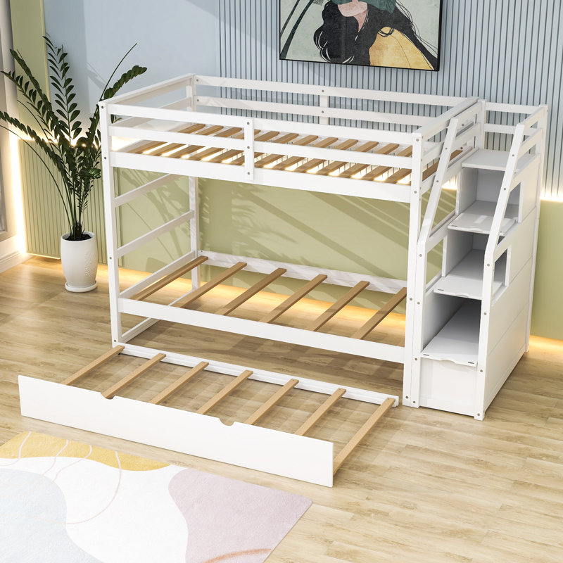 Twin-Over-Twin Bunk Bed With Twin Trundle And Storage Stairs, White