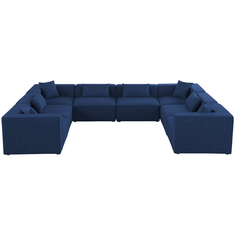 Cube Upholstered U-Shaped Sectional Reversible, Navy Linen Textured Fabric