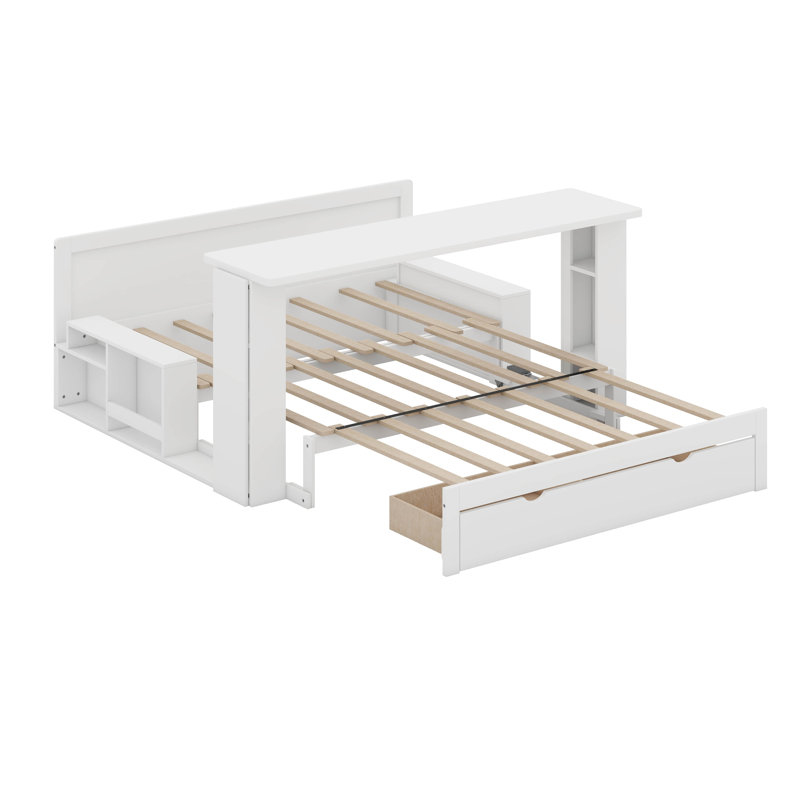 Daybed With Removable Desk, Storage Drawers & Hydraulic Side Table, Full, White