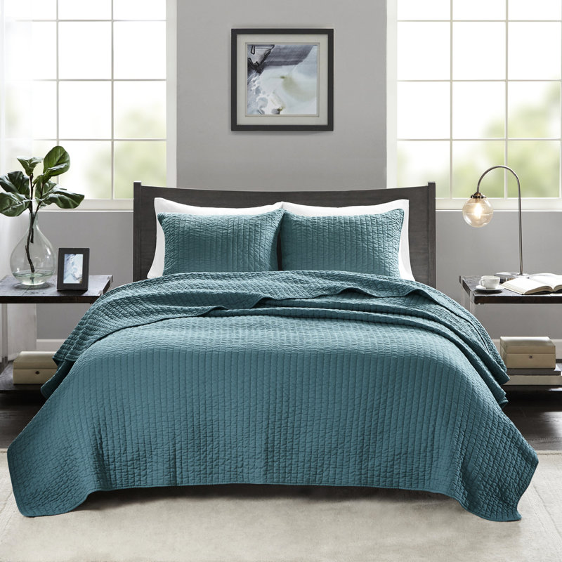 Courtepointe réversible très grand / très grand bleu sarcelle - microfibre, literie de maison rembourrée en coton 3 pièces réversible, microfibre avec tentation