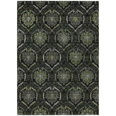 9' X 12' Green Gray And Charcoal Medallion Washable Indoor Outdoor Area Rug