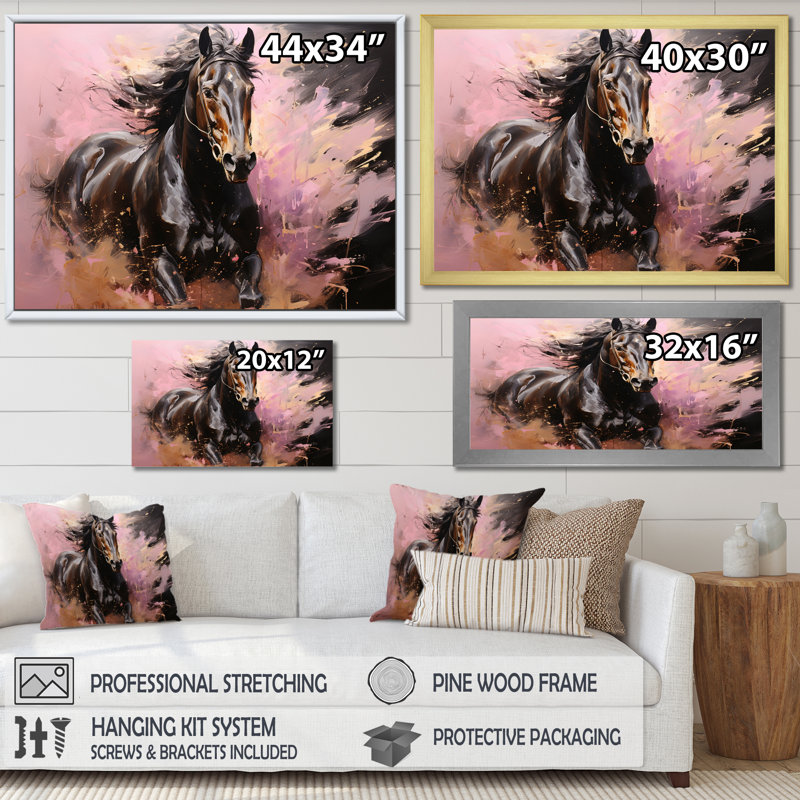 «Pink Brown Horse Vibrant Pink Equine II», reproduction sur toile, H 24 po x l 32 po x P 1 po, Encadrement doré