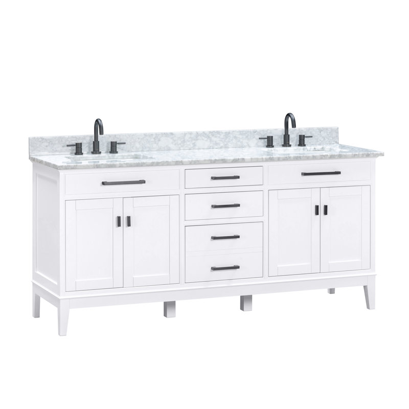 Madison 72" Double Bathroom Vanity Set, White, 61", Cala White Engineered Stone