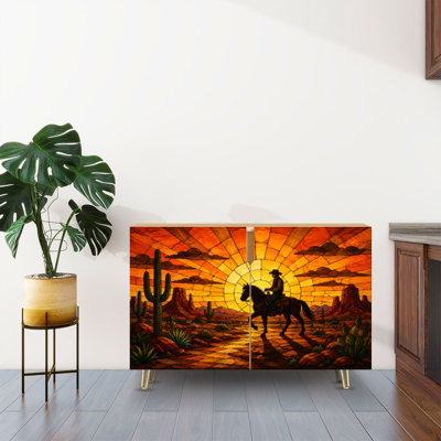 Sideboard Buffet Cabinet with Storage Stained Glass Style Western Sunset Landscape Cowboy Cactus with 2 Doors for Living Room and Kitchen