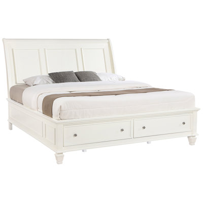 Cream White Eastern King Storage Panel Bed, Design On Headboard, Two Spacious Drawers, Bedroom Decor Bed With Drawers In , White, Wood Structure