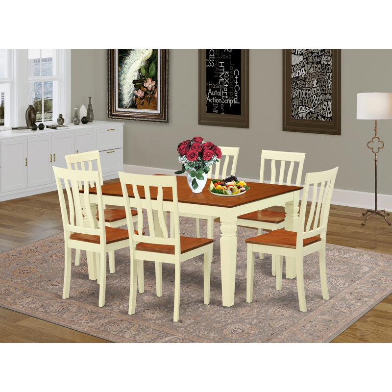 Ensemble de table de salle à manger 7 pièces composé d'une table de salle à manger rectangulaire avec rallonge papillon et 6 chaises en bois, babeurre et cerisier