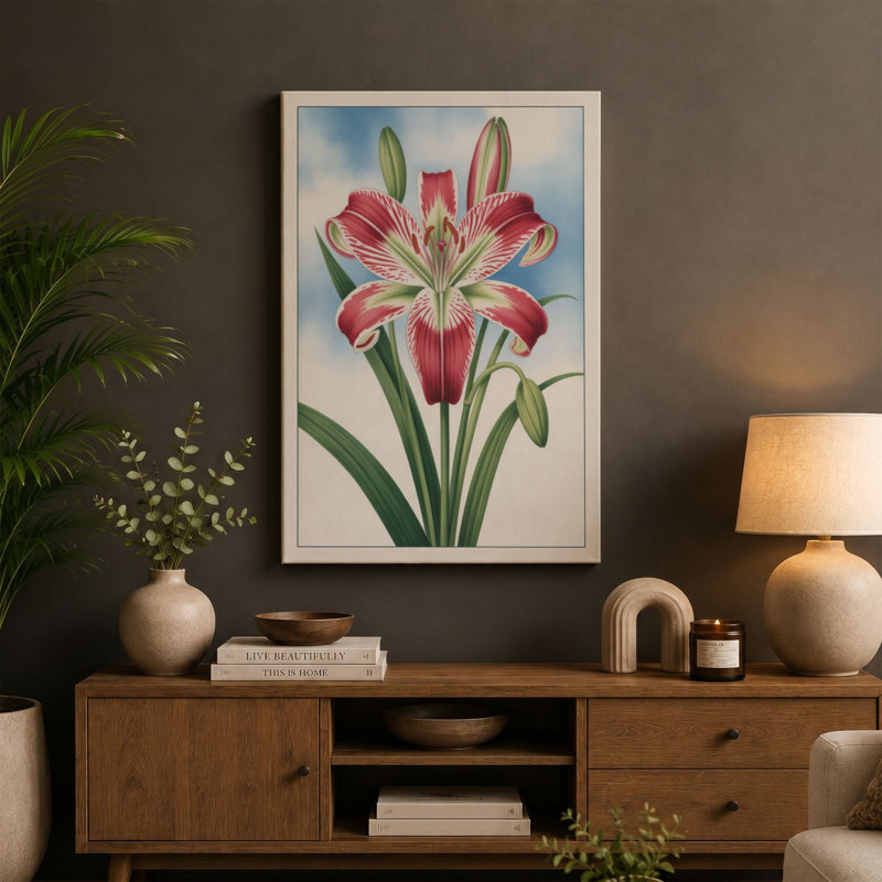 Amaryllis in Bloom Botanical - Wrapped Canvas, 24x16 - 61.0 x 40.6 cm, Teal Border