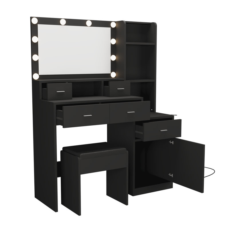 Coiffeuse et tabouret de maquillage avec miroir léger, Noir