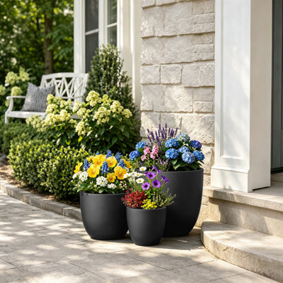 10 po, 14 po, 18 po Ensemble de 3 pots à fleurs ronds en béton anthracite (intérieur rehaussé) avec trous de drainage