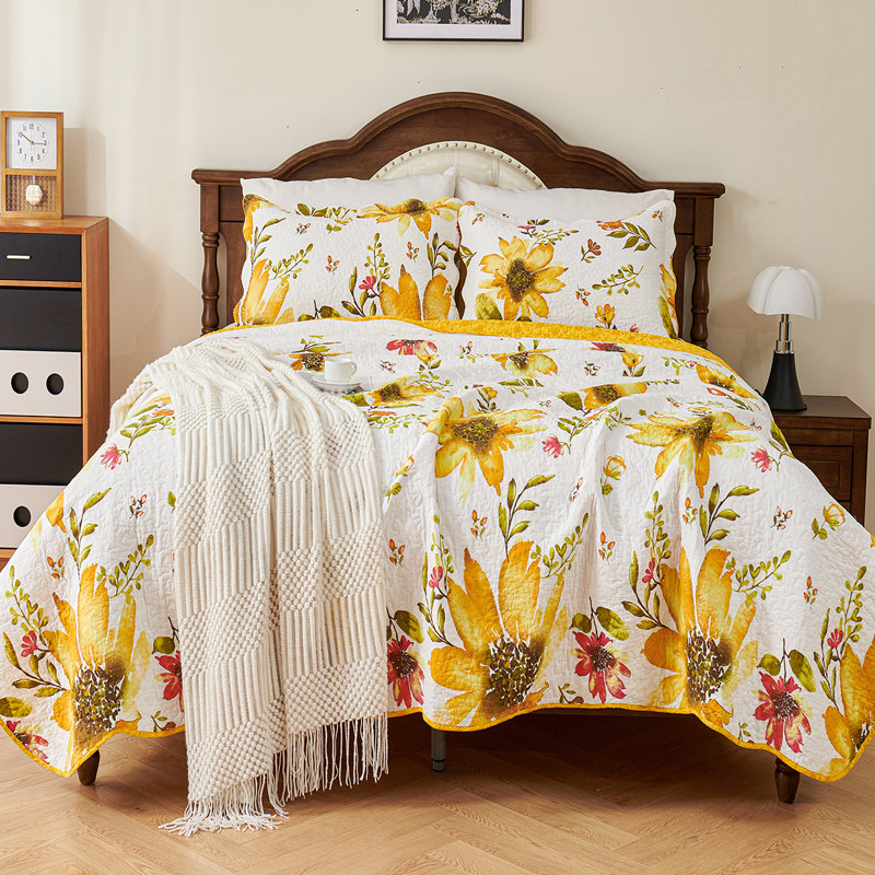 Ensemble de courtepointe 100% coton à motif floral classique, ensemble de literie tournesol doux et réversible