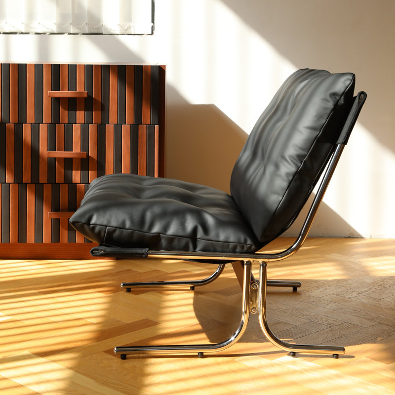 Chaise en cuir sans accoudoirs avec coussin moelleux et pieds en métal, Noir