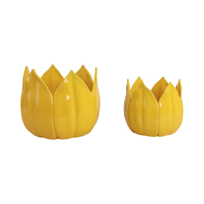Sagebrook Home 2-Pieces Petal Planters, White, 7" H x 8" W x 8" D, Yellow