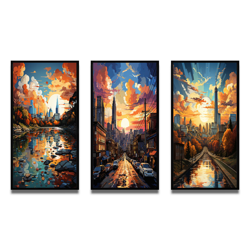 «City Austin Popart», 3 pièces sur toile, Cadre noir, H 32 po x l 48 po