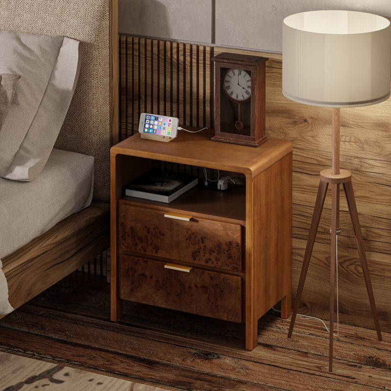 COLAMY Nightstand With Charging Station - 2 Drawers, Chessboard Relief, USB/Type-C/AC Outlets, Sunwashed Ash Oak