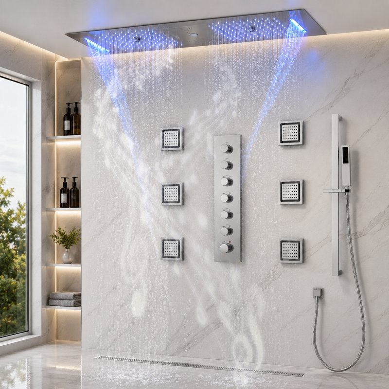 Système de douche thermostatique complet de luxe avec valve brute, Nickel brossé