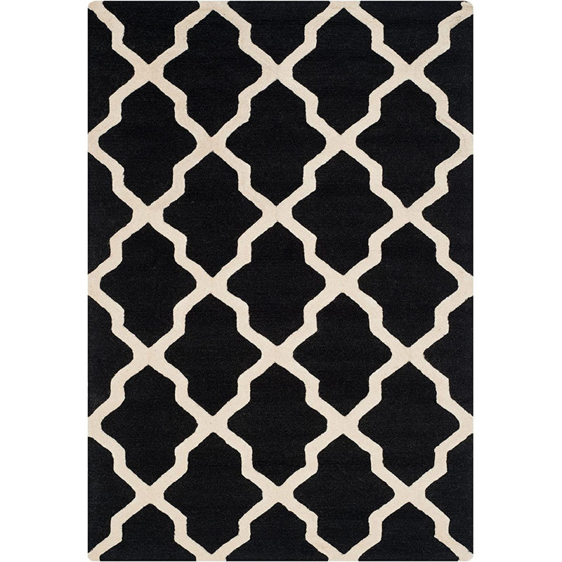 Cannen Hand Tufted Wool Geometric Rug, Rectangle 6' x 9', Black/Ivory