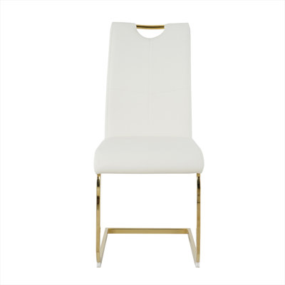 Upholstered Side Chairs Set of 4, Faux Leather Cushion with Gold Metal Legs, White Finish, Modern Style for Kitchen or Dining Room