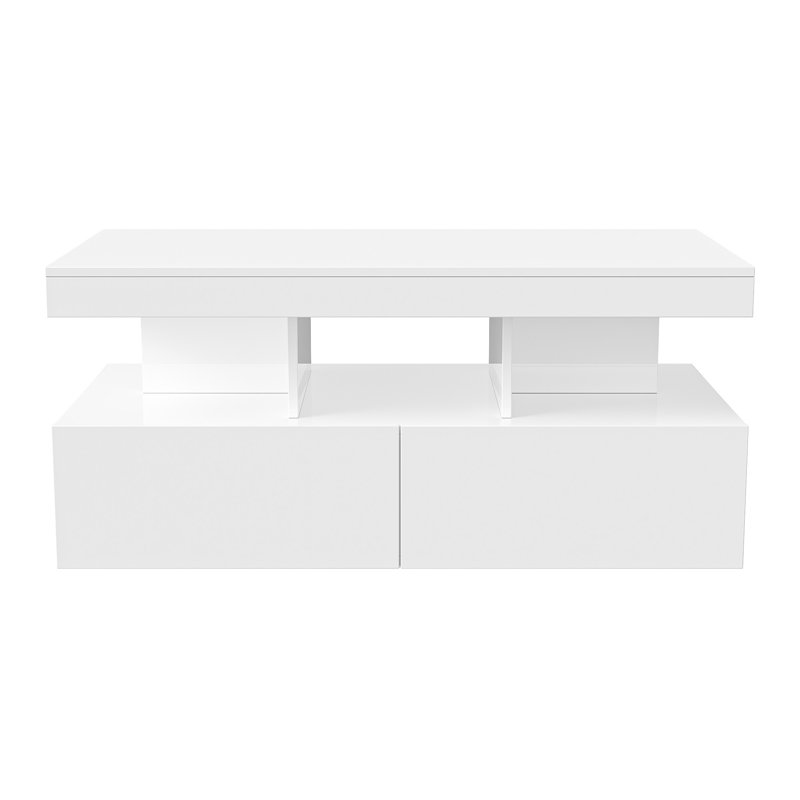 104CM Modern High Gloss Coffee Table With 2 Drawers, Smart App-Controlled RGB LED & Music Sync (EU Plug) - Black/White, White