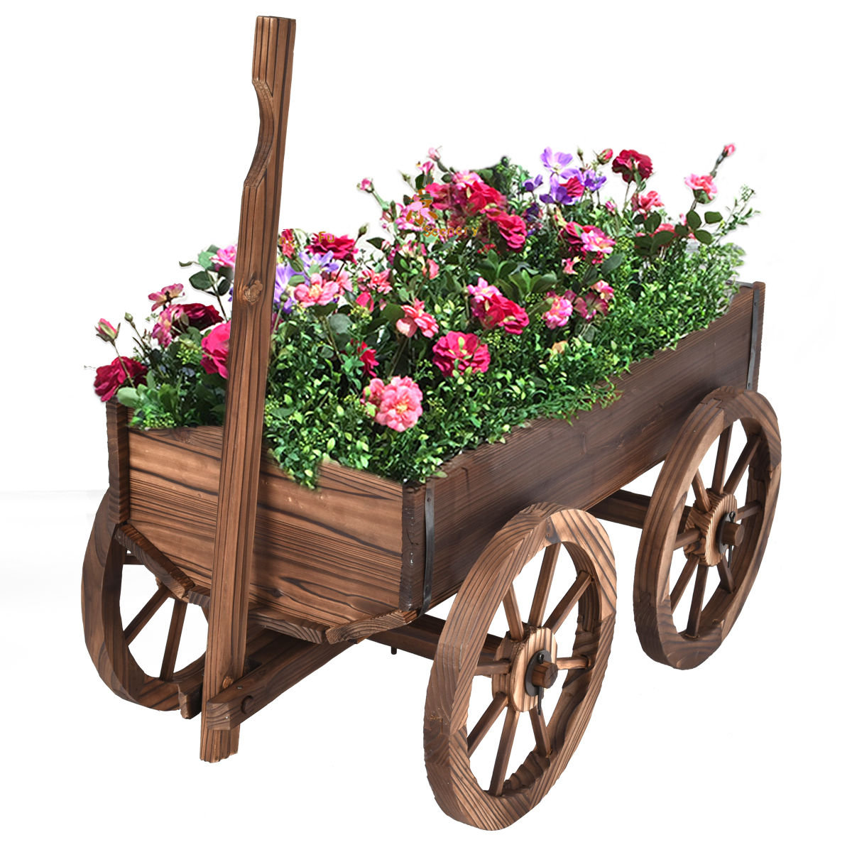 Millwood Pines Wood Wagon Flower Planter Pot Stand W/wheels Home Garden Outdoor Decor | Wayfair