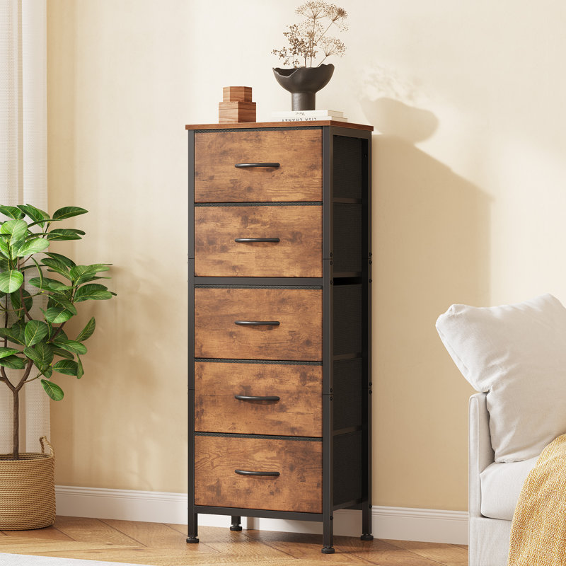 5-Drawer Fabric Dresser, Vertical Storage Chest with Wood Top, Tall Storage Organizer, Rustic Brown