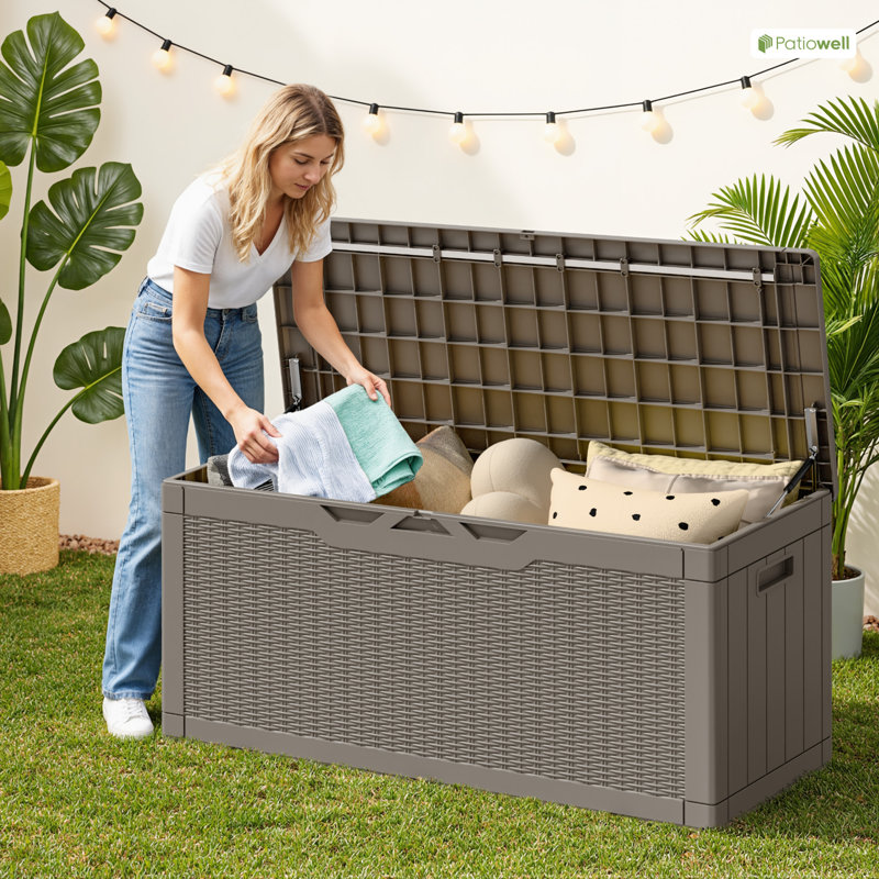 100 Gallons Water Resistant Resin Lockable Deck Box with Cushion, Light Brown