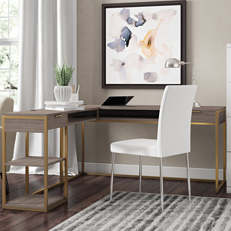 L-Shaped Writing Desk, Diamond Ash/Gold
