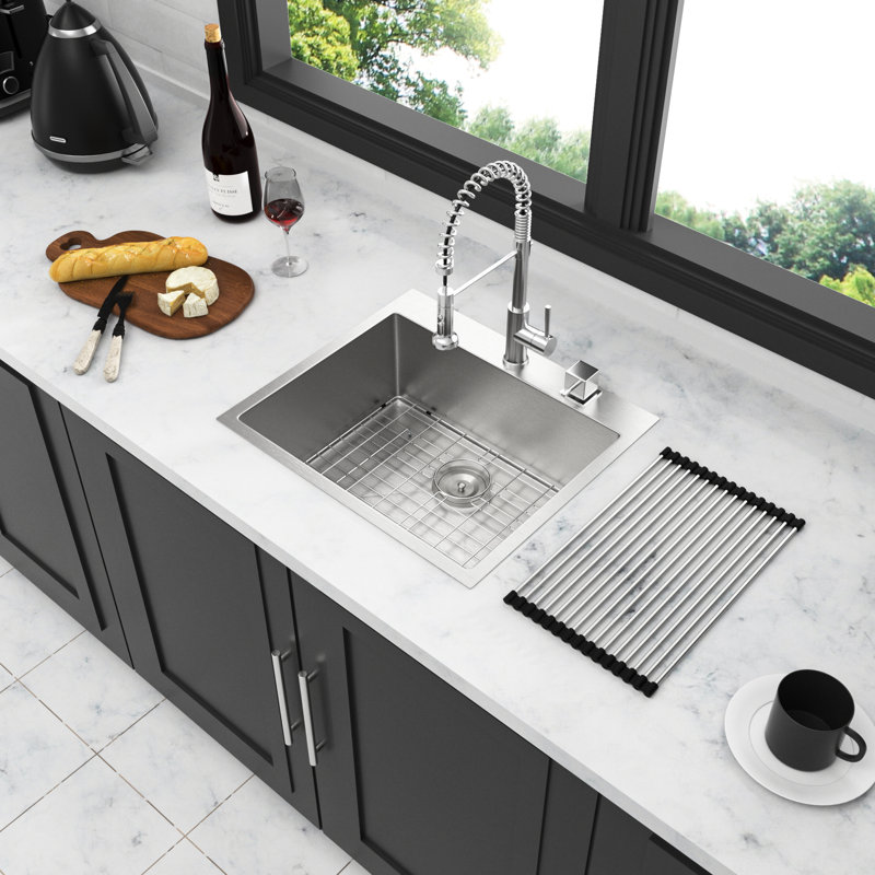 Kitchen Sink 28X22x10 28" - Stainless Steel Single Bowl Topmount, 16G T304, Decreased Sound Pad System, Fluent Drainage Method, R10 Corner, Brushed Nickel Emission, Draining,