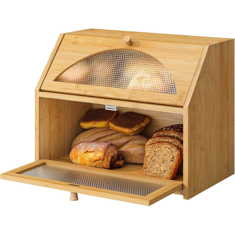 Natural Bamboo Double Layer Bread Box with Diamond Pattern Windows