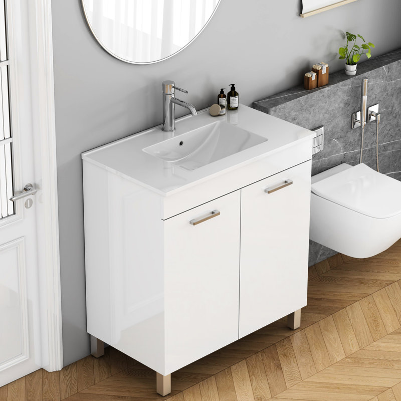 Meuble-lavabo de salle de bain 32 po avec lavabo, portes doubles et poignée en métal, blanc brillant pour une fermeture en douceur des charnières, poignée pratique