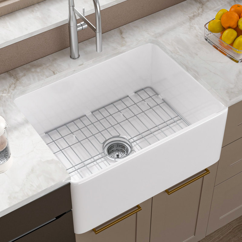 Évier de cuisine rectangulaire en argile réfractaire simple 24 po avec grille d'évier et crépine, Blanc
