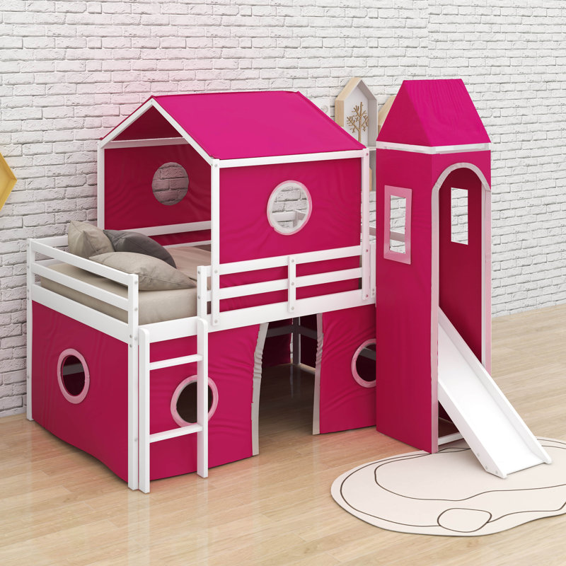 Twin Size Loft Bed With Slide And Tower, Pink