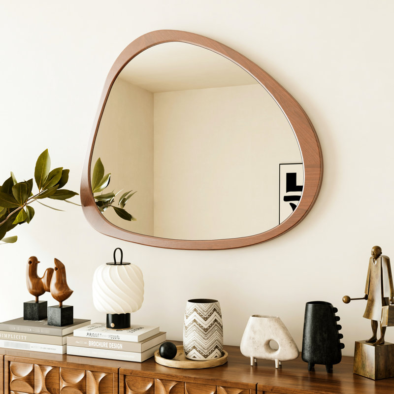Miroir 45 po en bois massif de conception asymétrique avec miroir en bois pour le salon, la chambre à coucher, la salle de bain, le couloir et le couloir
