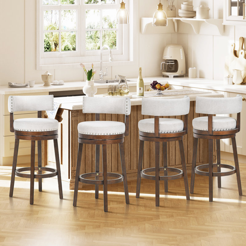 Tabouret de bar et de comptoir pivotant à 360 ° avec structure, dossier et repose-pieds en bois massif, 4