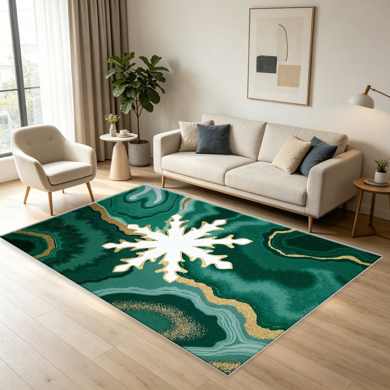 Green Agate Snowflake carpet-easy to clean, machine-washable, soft and comfortable; suitable for door mats, kitchens, living rooms, bedrooms, corridors, and laundry areas. Easy to clean, durable carpet for home decoration.