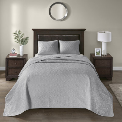 Grey Queen Reversible Bedspread - Magnificent Quilting Pattern Oversized For Excellent Hanging Pre-Washed Cotton Filling Comfort Comprises And 2 Shams Machine Washable Bedding Kit Textured With