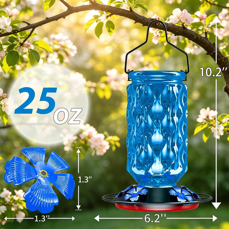 Mangeoire à colibri en verre pour l'extérieur, mangeoire en nectar à l'épreuve des fuites avec orifices à fleurs et perchoir, mangeoire à oiseaux suspendue en cristal pour le jardin, le patio, la cour arrière