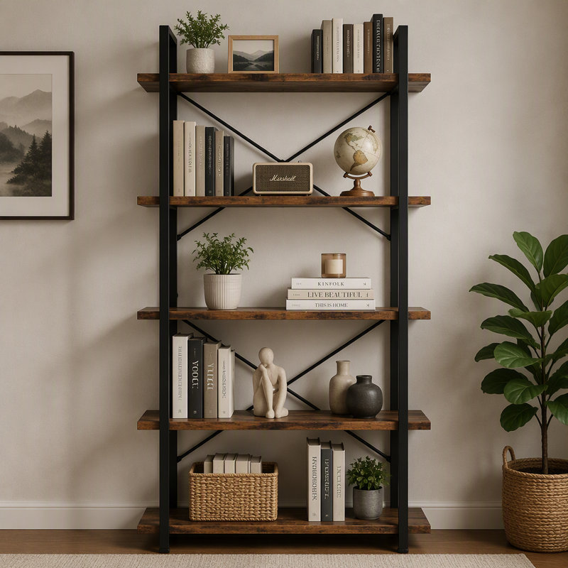 Bibliothèque à 5 niveaux, étagère à étagère industrielle brune