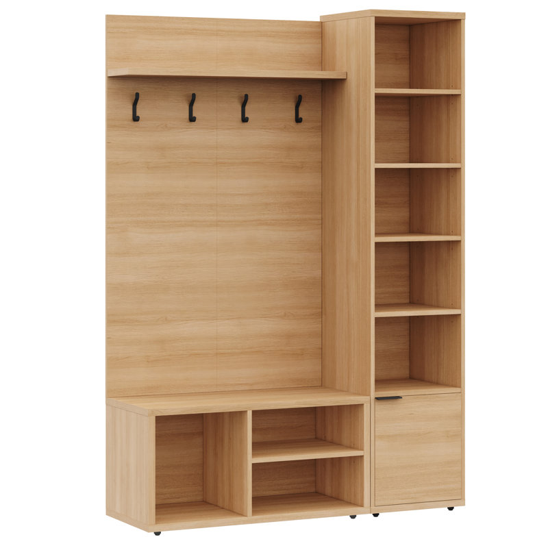 Porto Entryway Wall-Mounted Coat Rack with Shelf with Storage Tower and Shoe Storage Bench, Beige