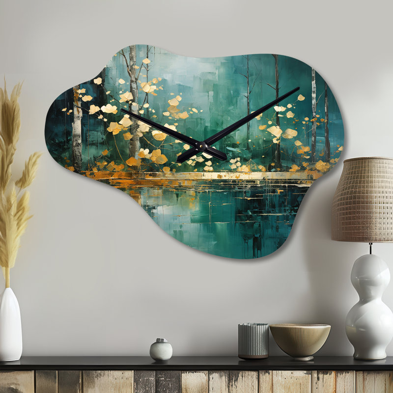 Horloge murale Bold Forest Emerald Canopy II - Forest Cloud, horloge asymétrique dorée, Petit