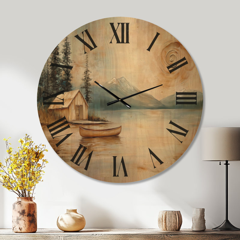 Retraite en chalet au bord du lac doré - Horloge murale rustique silencieuse en bois (sans tic-tac), Très grand