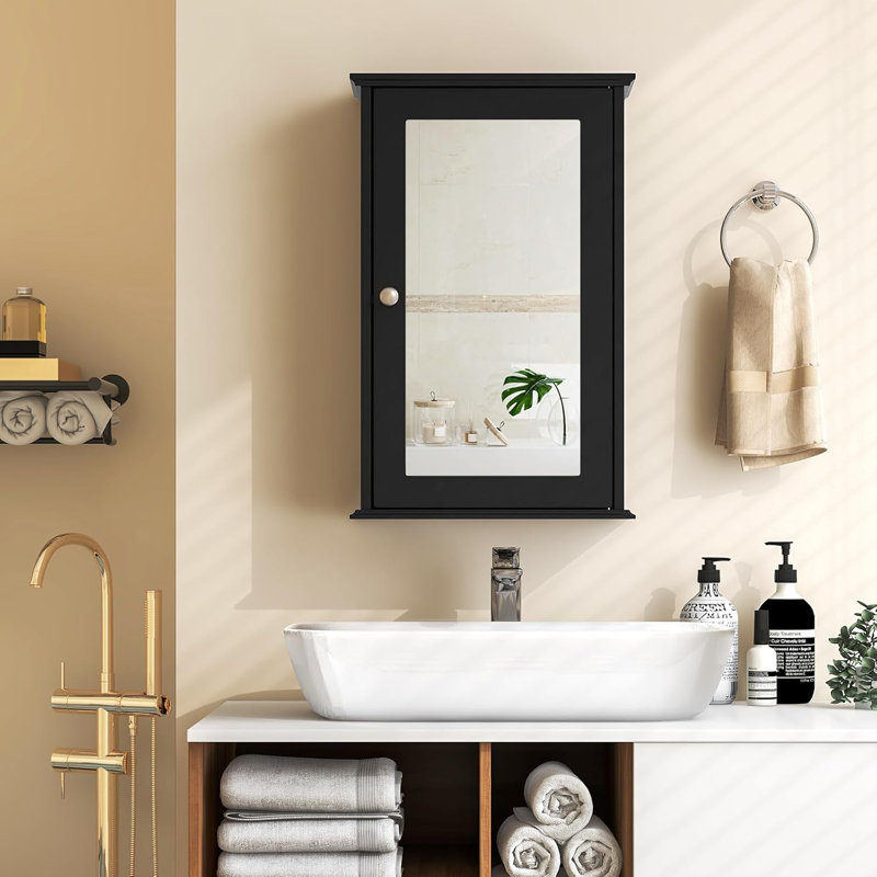 Bathroom Medicine Cabinet Wall Mounted Mirror Cabinet w/ Single Door, Black