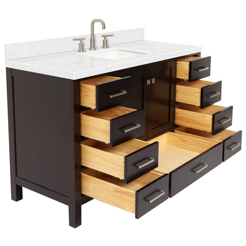 Cambridge 54.25'' Single Bathroom Vanity with Carrara Quartz Top, Espresso/Brushed Nickel, Rectangular