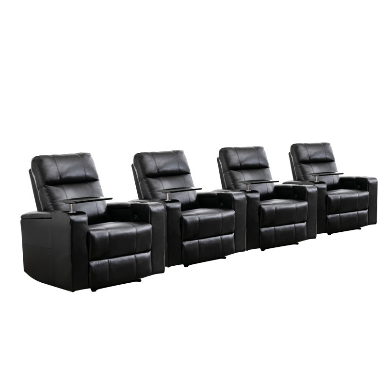 33.1'' Wide Modern Faux Leather Power Reclining Home Theater Individual Seat with Cup Holders (Set of 4), Black