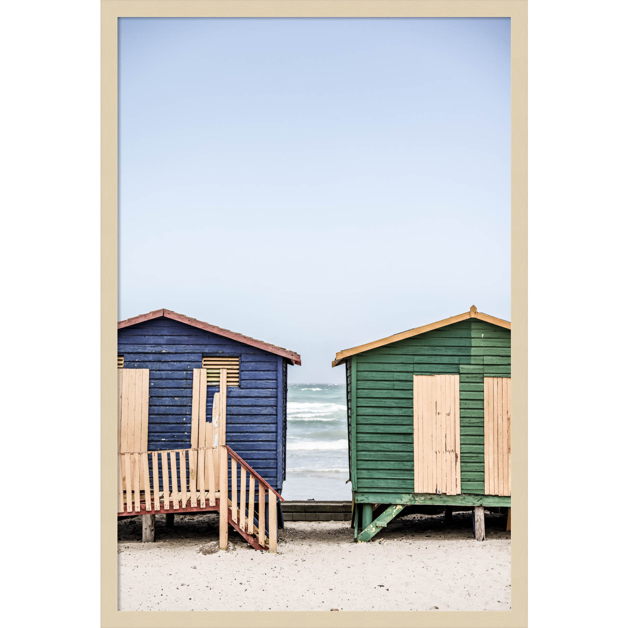 Blue and Green Huts by Shot by Clint Wood Framed Wall Art Print, Brown, 33" H x 23" W