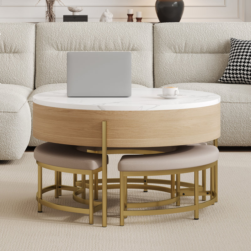 Table basse à plateau relevable moderne avec rangement et 3 repose-pieds, Naturel; blanc