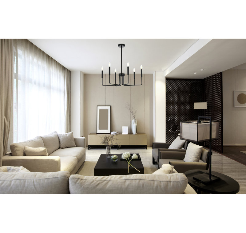 Luminaire suspendu style bougie à 6 lumières Yichen, Noir, H 10 po x l 26 po x P 10 po