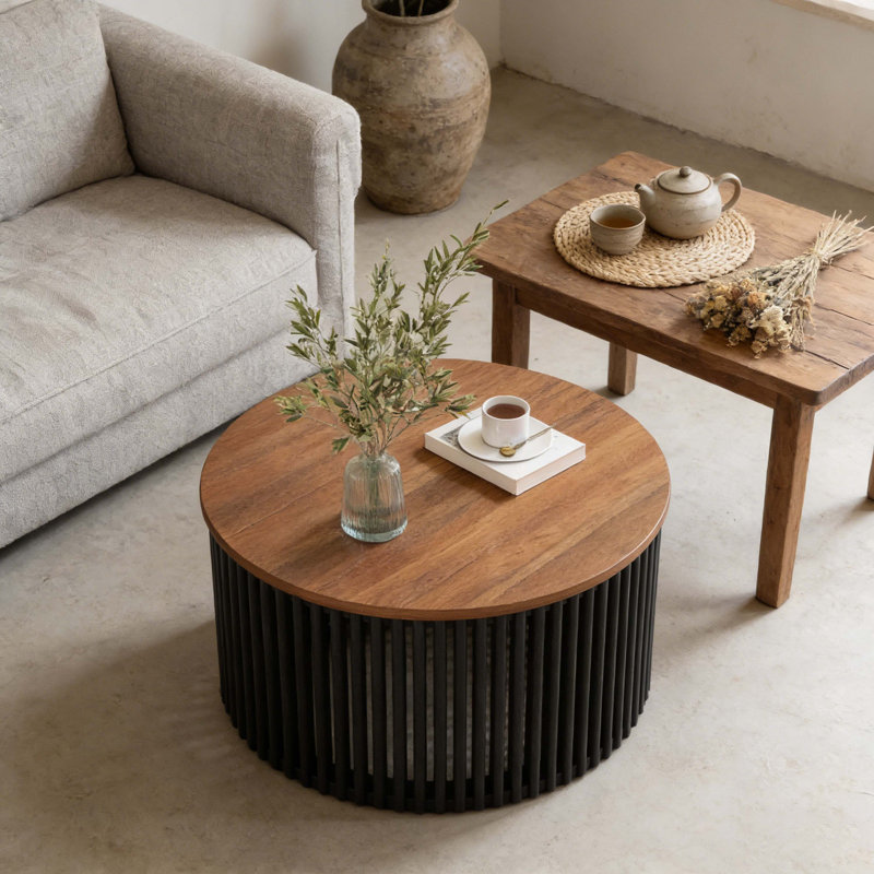 TABLE DE CAFÉ ACACIA EN BOIS MASSIF, DE COULEUR NATURELLE ET NOIRE