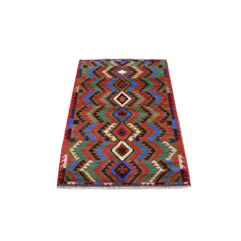 Tapis de zone en laine rouge/brun 3 pi x 4 pi 6 po one-of-kind à la main noué la