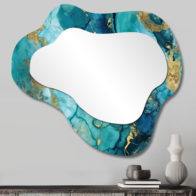 Turquoise Luxury Abstract Fluid Art VII - Abstract Cloud Decorative Mirror, Modern Asymmetrical Large Wall Mirror, Printed Metal Art