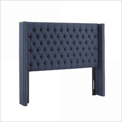 Queen Size Navy Upholstered Headboard with Button Tufting Wingback Adjustable Height Plywood Frame Metal Legs for Bedroom